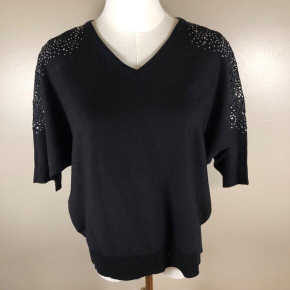LIV Milano Rhinestone Studded Lace Short Sleeve Knit V-Neck Black Sweater Size L - Picture 1 of 9
